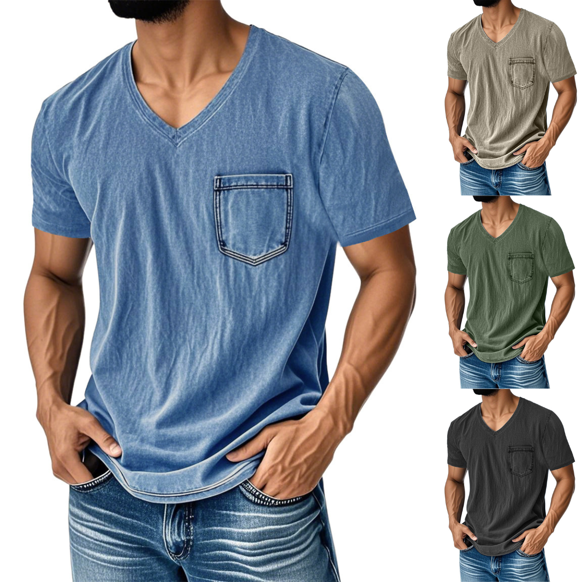 50% zniżki【40-120 kg】Luźny, casualowy T-shirt z jeansu z dekoltem w serek i krótkim rękawem dla mężczyzn ✅️Płatność przy odbiorze