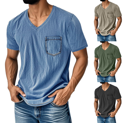 50% zniżki【40-120 kg】Luźny, casualowy T-shirt z jeansu z dekoltem w serek i krótkim rękawem dla mężczyzn ✅️Płatność przy odbiorze