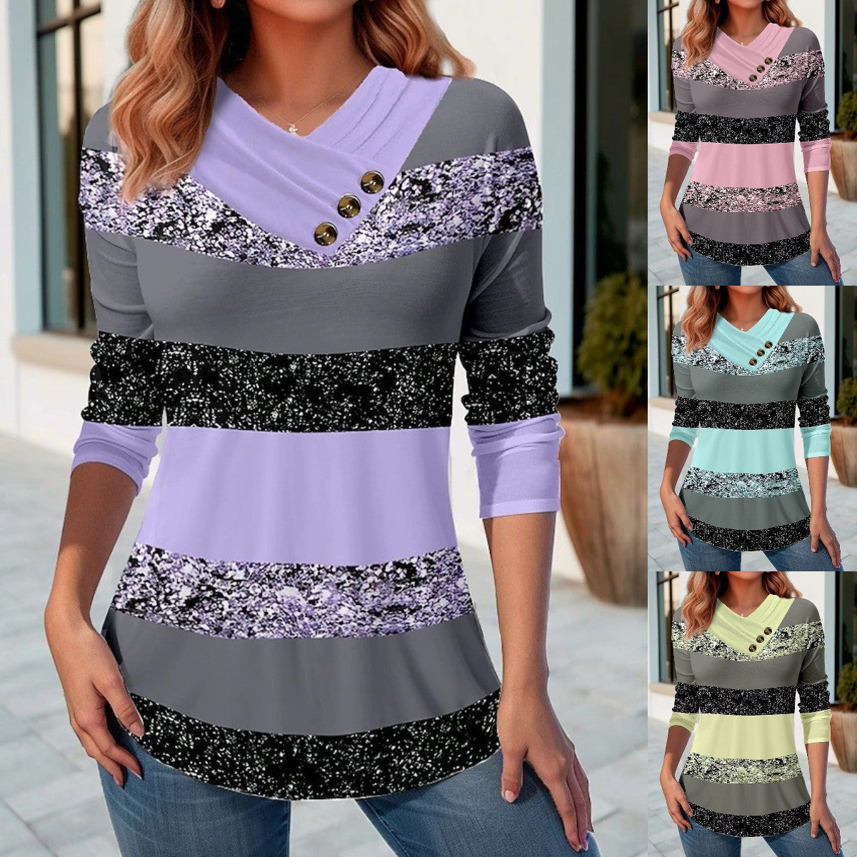 🔥【50% sleva 】【S-5XL】Dámský nový podzimně-zimní top s kontrastními barvami, výstřihem do V a dlouhým rukávem