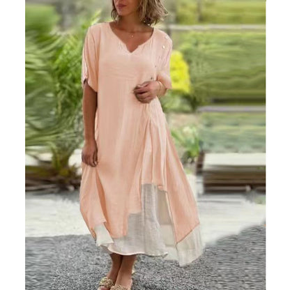 🔥💗【S-4XL】✨Elegantné 2-v-1 bavlnené šaty z kvalitného materiálu, výstrih do V, asymetrický dizajn – Štýl 2025 🌟👗