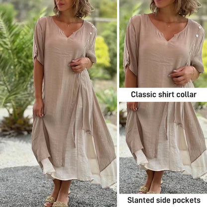 🔥💗【S-4XL】✨Elegantné 2-v-1 bavlnené šaty z kvalitného materiálu, výstrih do V, asymetrický dizajn – Štýl 2025 🌟👗