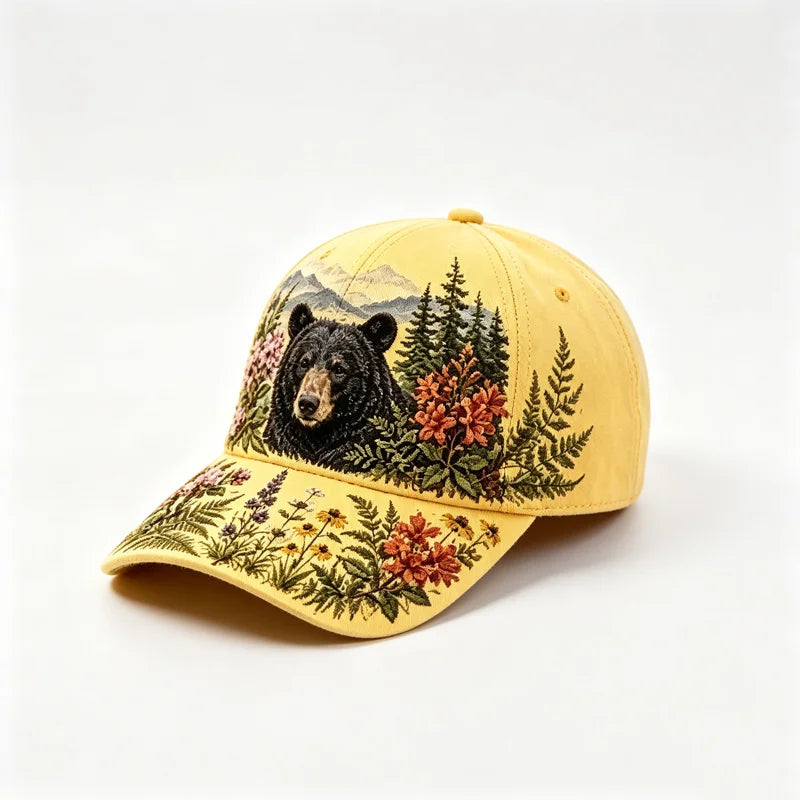 🛍️ Edycja Retro: Letnia czapka z daszkiem „Great Smoky Mountains” ✨ Motyw czarnego niedźwiedzia i polnych kwiatów | Regulowany model w stylu outdoor vintage