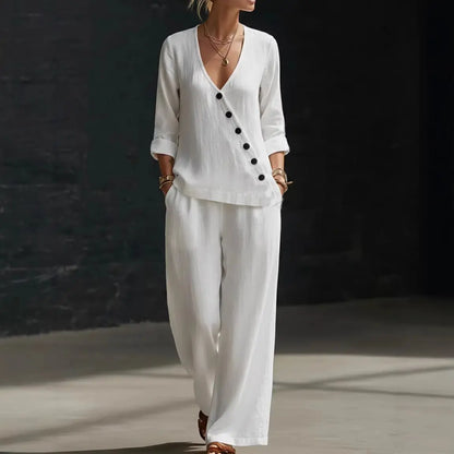 🥰【Bluză + Pantaloni】(40-120 kg) Set din două piese - Bluză simplă cu decolteu în V și pantaloni cu croi larg