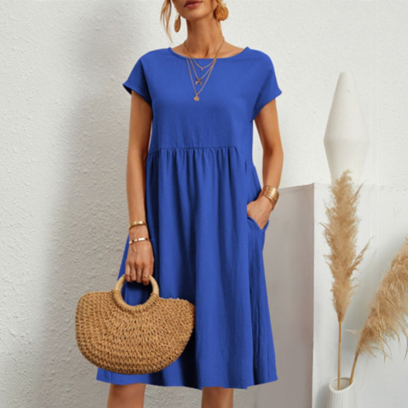 😍【Wyprzedaż końca sezonu】👗【S–5XL】Sukienka damska 2025 z bawełny i lnu, z okrągłym dekoltem i luźnym krojem – Obniżona cena