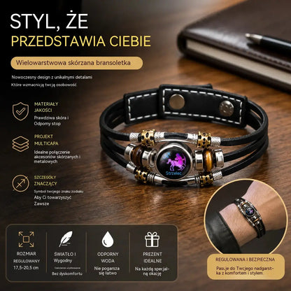 🌙 Świecąca skórzana bransoletka z symbolem zodiaku – 3-warstwowy pleciony, regulowana długość, unisex 💫✨