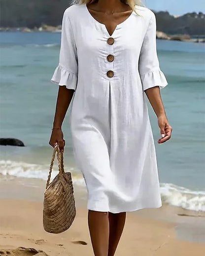 👗 Ženska haljina S–3XL – pamuk i lan, puf rukavi, gumbi, lagana i elegantna