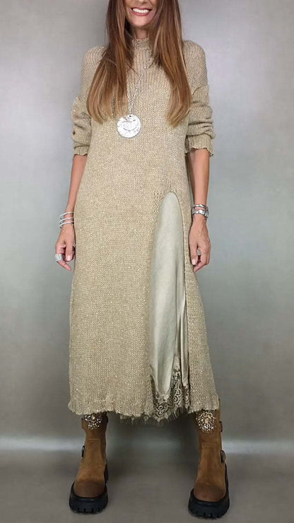 👗【XS–3XL】【-50% Zľava】Nový dvojdielny čipkovaný komplet s rozparkom a pleteným pulóvrom – elegantný jesenný a zimný outfit