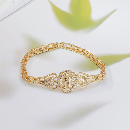 ✨ Bransoletka z Matką Boską – ażurowe kwiaty, elegancki złoty kolor