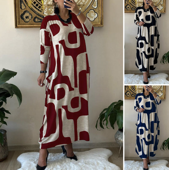 👗【Doprava zadarmo】Voľnočasová módna šaty s okrúhlym výstrihom a dlhou potlačenou sukňou s dlhým rukávom