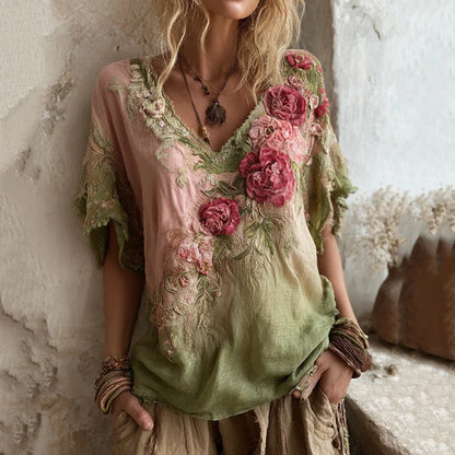 💕🌺【Oferta limitada】🔥Blusa elegante con cuello en V profundo y estampado floral  Tallas S-4XL