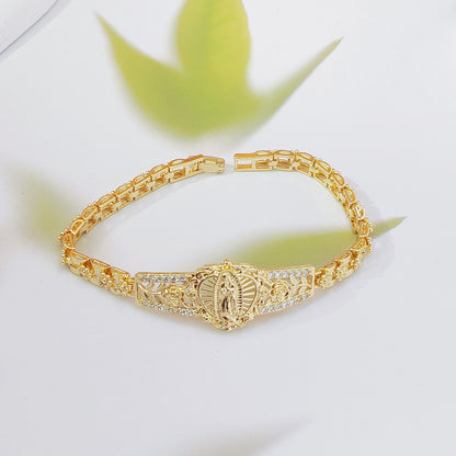 ✨ Bransoletka z Matką Boską – ażurowe kwiaty, elegancki złoty kolor