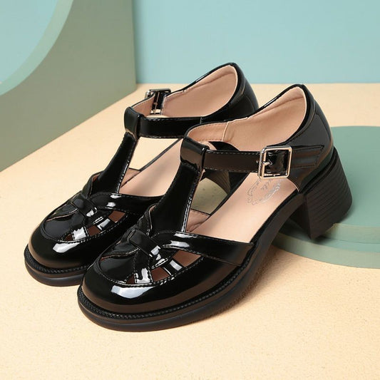 👡🌟【35-40】Sandale decupate din piele lăcuită cu toc gros – stil 2025, comode și elegante