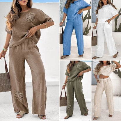 👩‍💼 Elegancki komplet damski S–5XL – haftowane kwiaty, top + spodnie