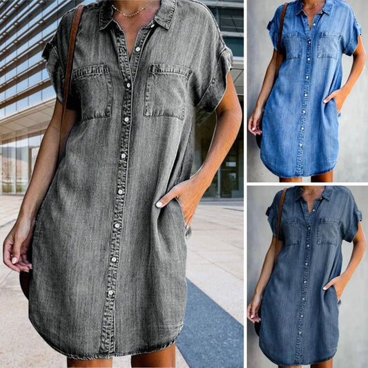 🔥【50% sleva】✨😍【S-5XL】Džínové šaty s krátkým rukávem