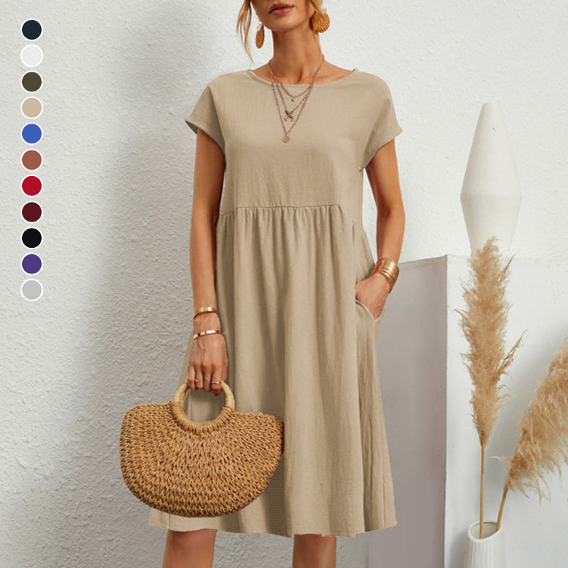 😍【Wyprzedaż końca sezonu】👗【S–5XL】Sukienka damska 2025 z bawełny i lnu, z okrągłym dekoltem i luźnym krojem – Obniżona cena