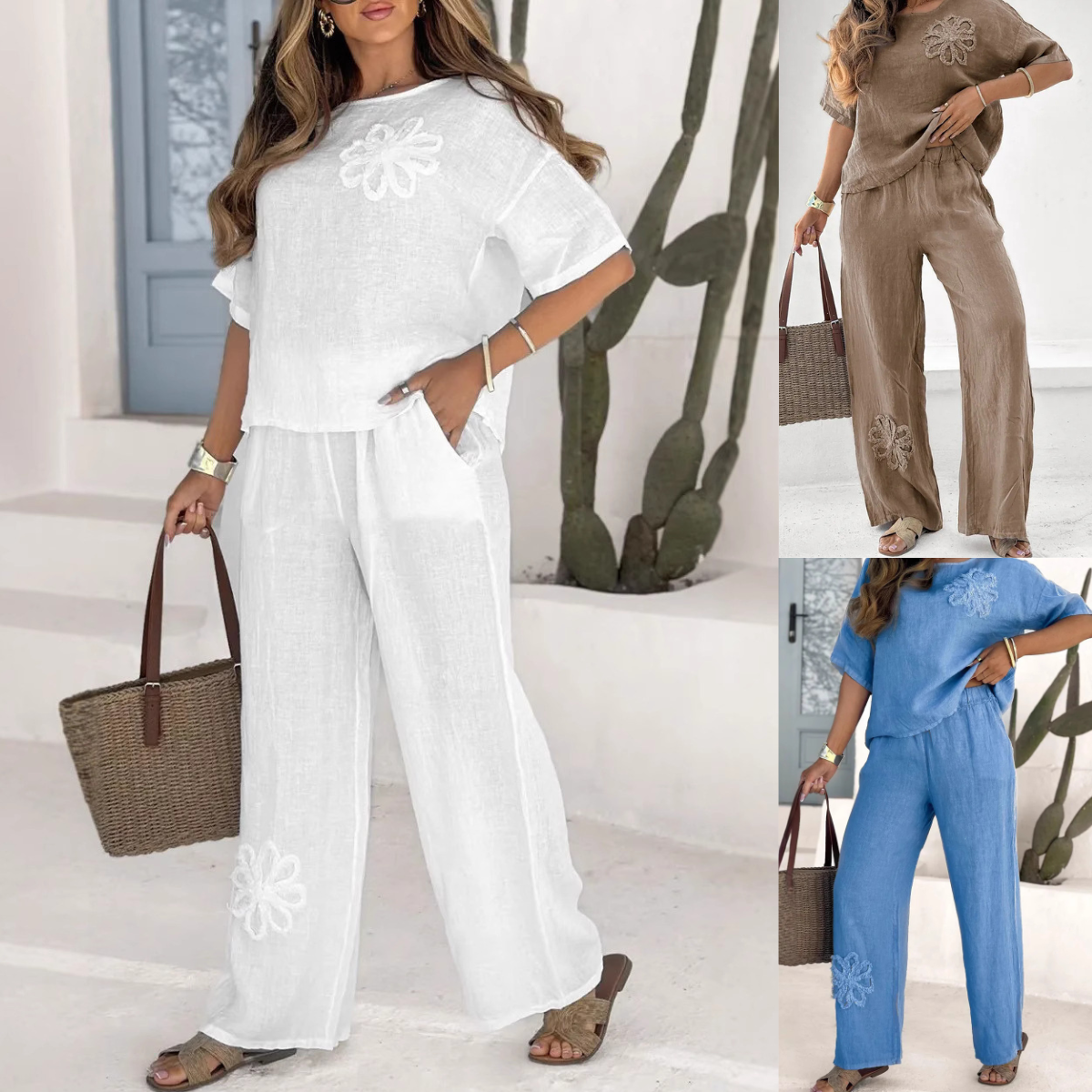 👩‍💼 Elegancki komplet damski S–5XL – haftowane kwiaty, top + spodnie