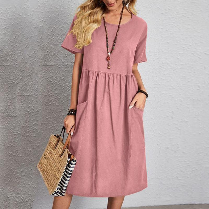 👗🎈Noutăți [S~5XL]✨ Rochie de vară 2025 din bumbac și in 🌿 | Lejeră, respirabilă, cu mânecă scurtă și decolteu rotund 🌞💃