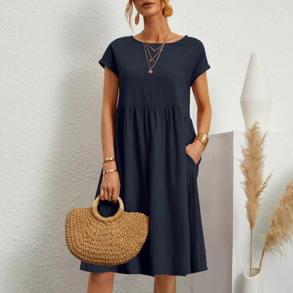 😍【Sezonsko sniženje】👗【S–5XL】Ženska haljina od pamuka i lana 2025 s okruglim izrezom i ležernim krojem – Snižena cijena