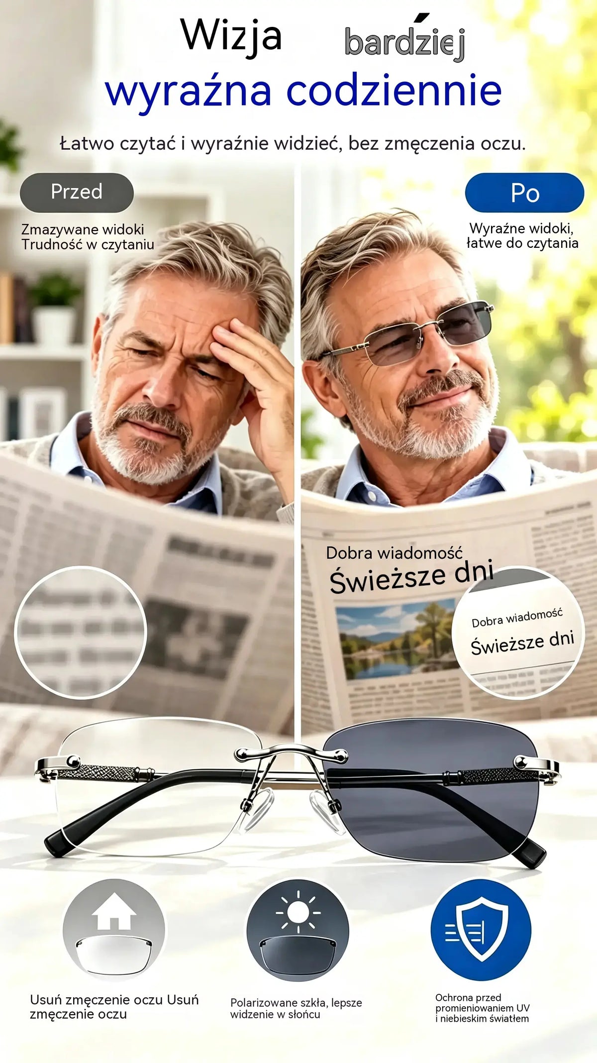 👓 Inteligentne okulary do czytania: 🔍 powiększenie · regulowana jasność · soczewki fotochromowe z filtrem światła niebieskiego