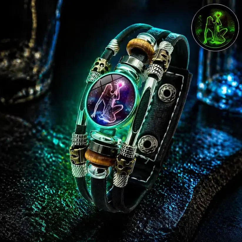 🌙 Świecąca skórzana bransoletka z symbolem zodiaku – 3-warstwowy pleciony, regulowana długość, unisex 💫✨