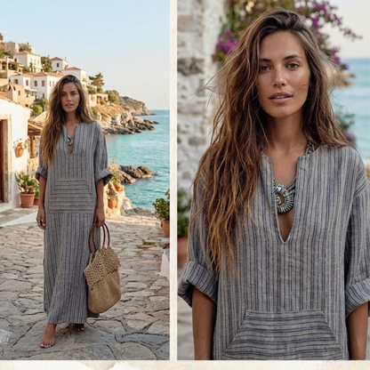 ✨【S-5XL】sukienka boho plus size długa sukienka w paski z kieszeniami✅cod + darmowa dostawa