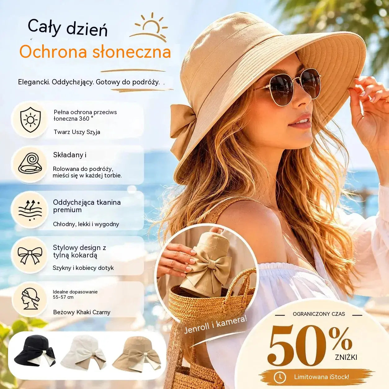 👒 LIMITOWANA OFERTA -50%! ✨ Damski kapelusz przeciwsłoneczny z szerokim rondem i kokardą – składany 🎀