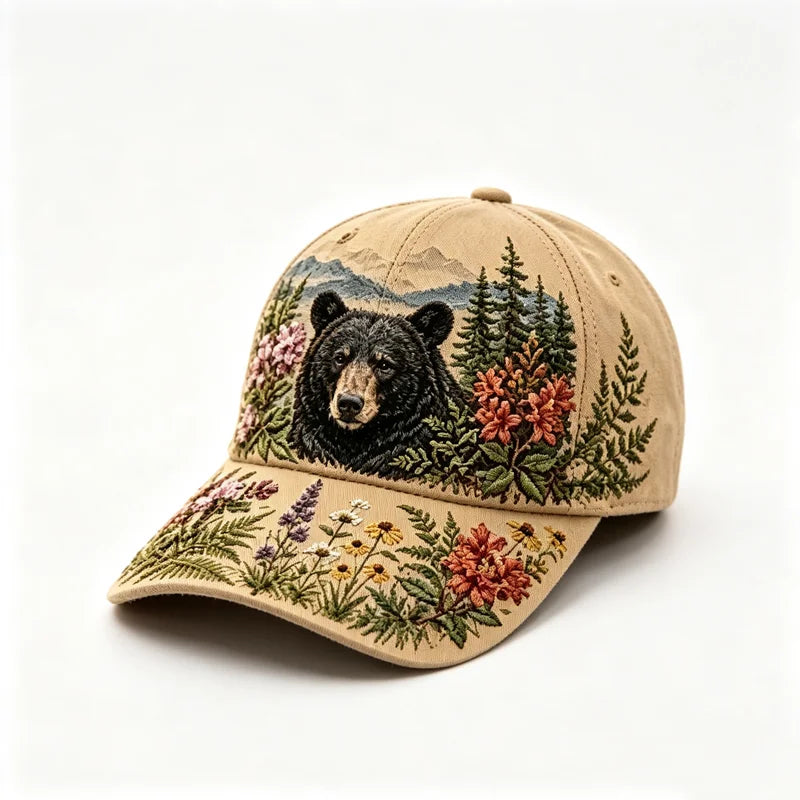 🛍️ Edycja Retro: Letnia czapka z daszkiem „Great Smoky Mountains” ✨ Motyw czarnego niedźwiedzia i polnych kwiatów | Regulowany model w stylu outdoor vintage
