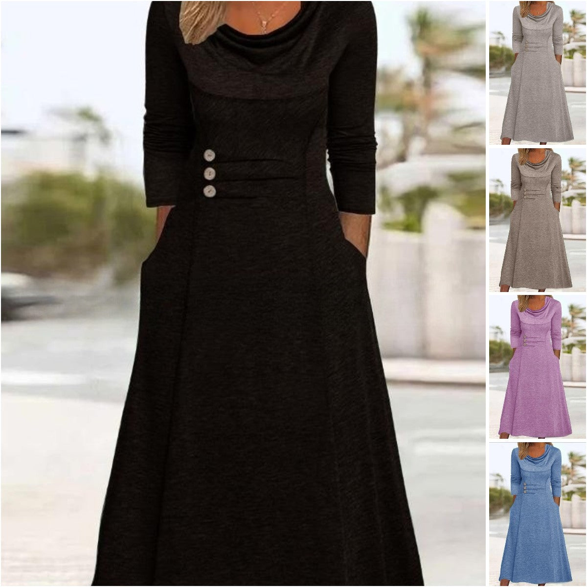 🎉👗【S–3XL】2025 Jesenné jednofarebné šaty s okrúhlym výstrihom, pásom, gombíkmi a vreckami – elegantné & pohodlné 💫🍂