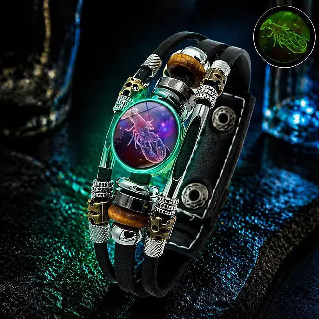 🌙 Świecąca skórzana bransoletka z symbolem zodiaku – 3-warstwowy pleciony, regulowana długość, unisex 💫✨
