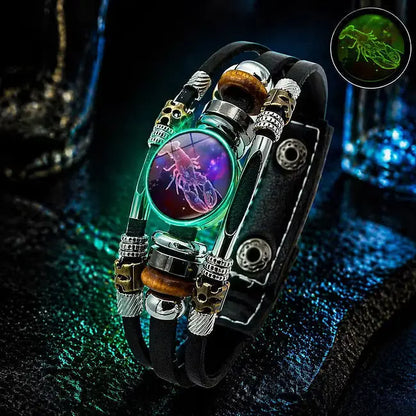 🌙 Świecąca skórzana bransoletka z symbolem zodiaku – 3-warstwowy pleciony, regulowana długość, unisex 💫✨