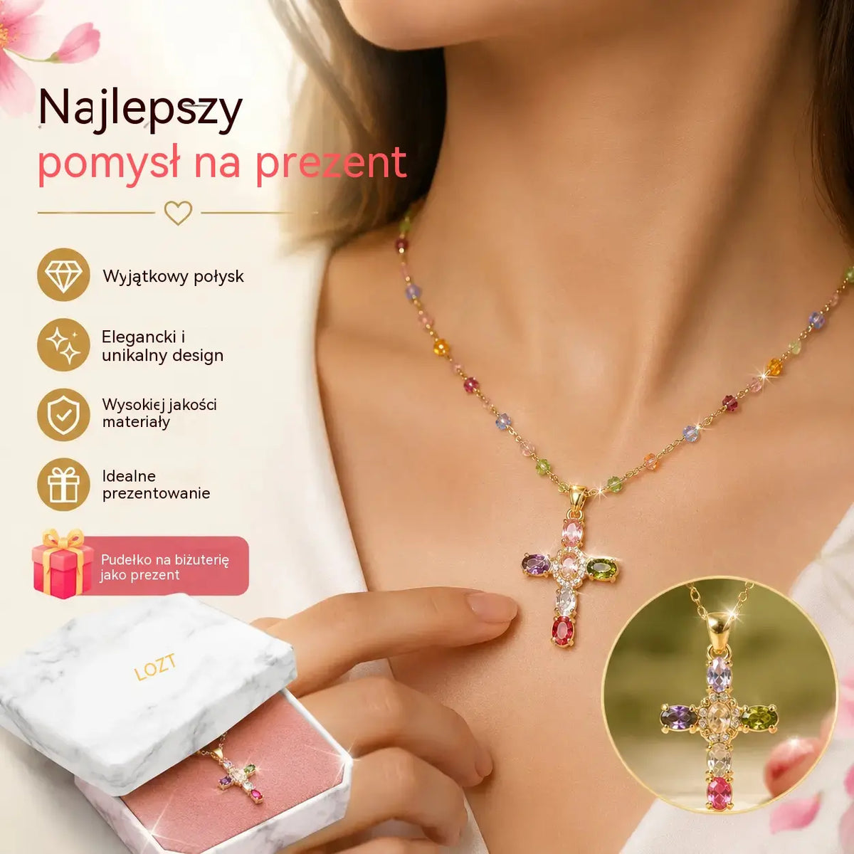 🎁 Oferta: Naszyjnik z krzyżykiem i kolorowymi cyrkoniami. W zestawie eleganckie pudełeczko na biżuterię.