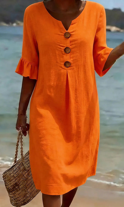👗 Ženska haljina S–3XL – pamuk i lan, puf rukavi, gumbi, lagana i elegantna