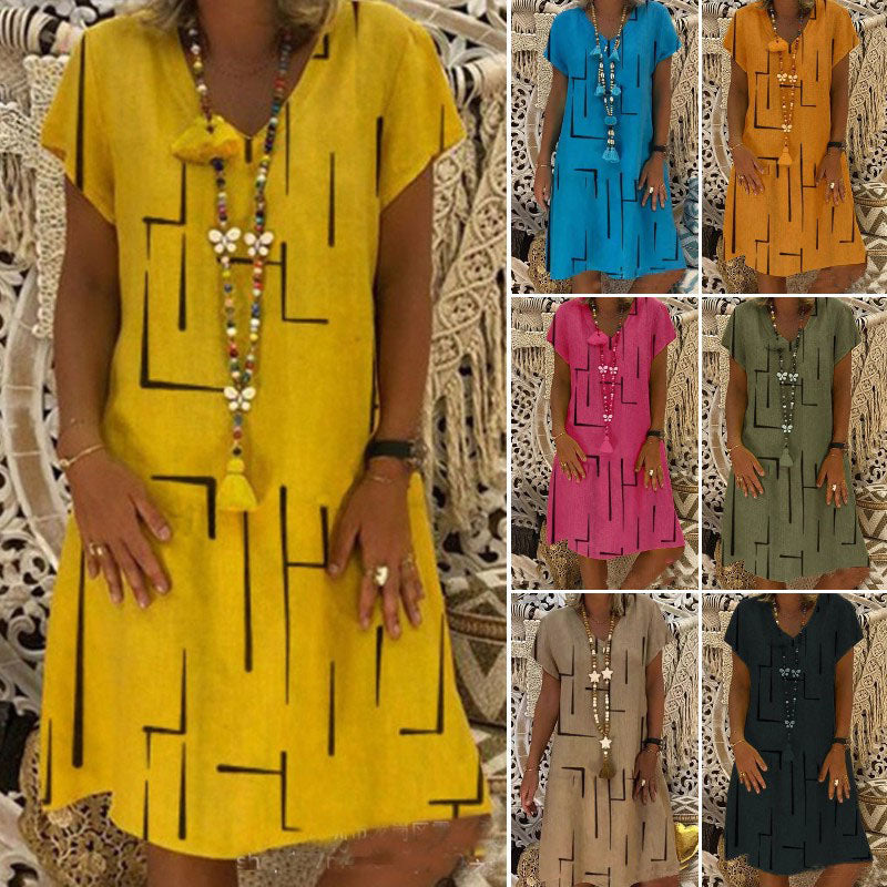 😍👗【S–5XL】Nowa sukienka z bawełny i lnu z dekoltem w serek i nadrukiem – Obniżona cena
