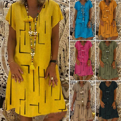 😍👗【S–5XL】Nowa sukienka z bawełny i lnu z dekoltem w serek i nadrukiem – Obniżona cena