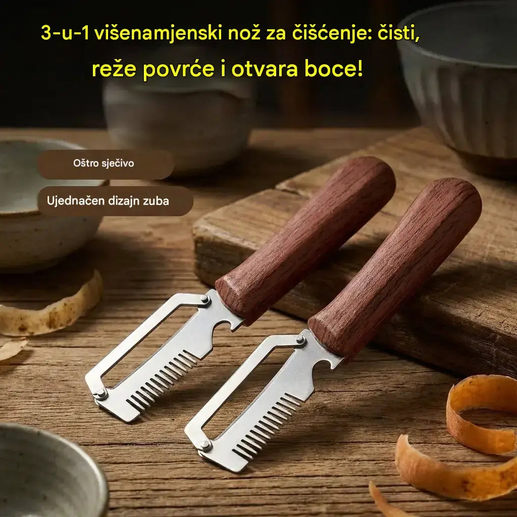 ✅ Kupi 1, dobit ćeš 2 komada 🧅🔪 Višenamjenski 3-u-1 nož za guljenje: guli i reže povrće te otvara boce! 🔥