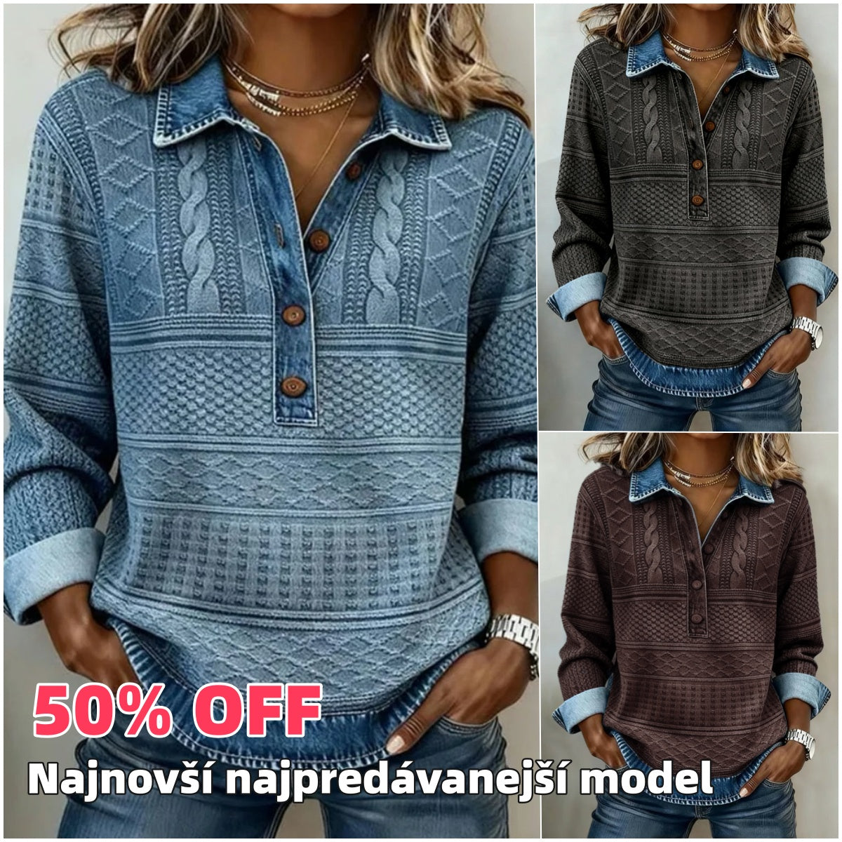 🔥【S-5XL】Nova visokokakovostna modna majica z dolgimi rokavi – s kontrastnimi šivi in pol-zapenjanjem