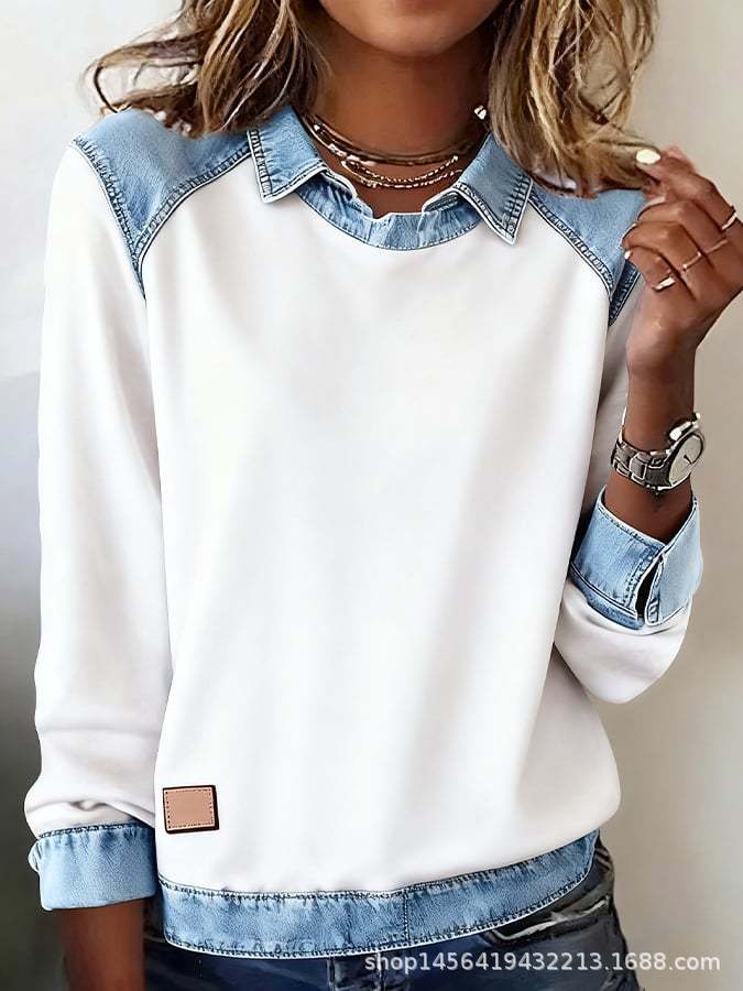 🌷Nova zimska modna majica z jeans patchworkom – topla, udobna in primerna za vsakodnevno nošenje
