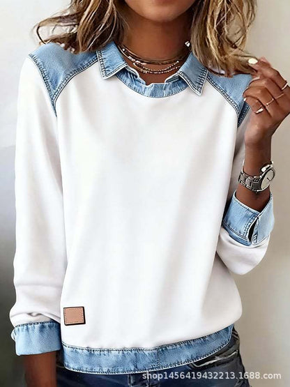 🌷Nova zimska modna majica z jeans patchworkom – topla, udobna in primerna za vsakodnevno nošenje