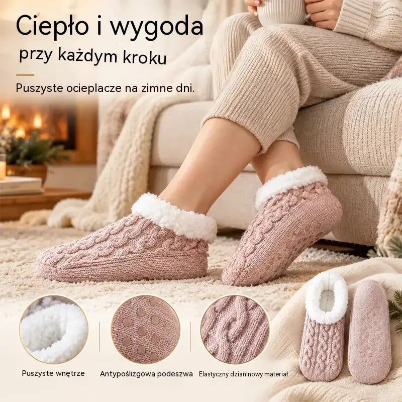 🧦【2 pary】Puszyste skarpetki domowe antypoślizgowe z silikonową podeszwą – ciepłe futerko, elastyczny splot i komfort na zimę