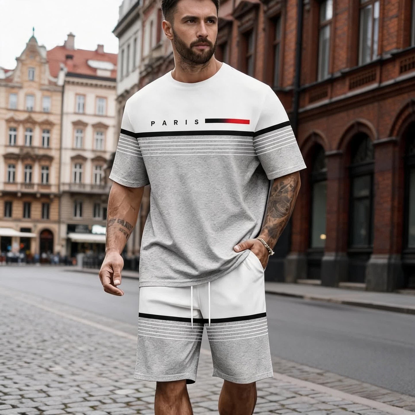 ✨【S-5XL】Męski, swobodny i wygodny komplet składający się z koszuli z krótkim rękawem i spodenek z nadrukowanym napisem.