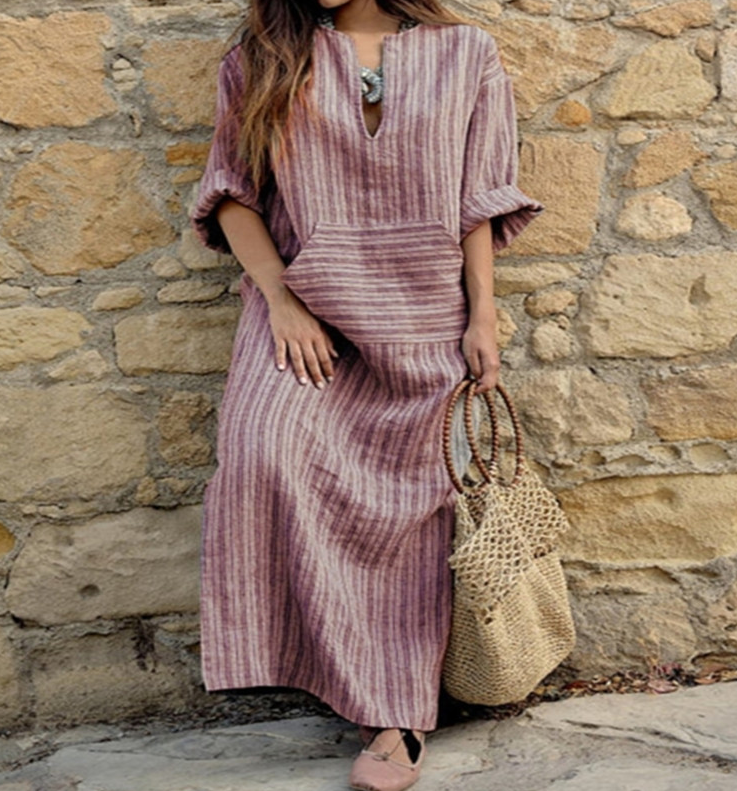 ✨【S-5XL】sukienka boho plus size długa sukienka w paski z kieszeniami✅cod + darmowa dostawa