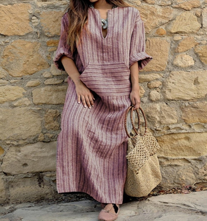 ✨【S-5XL】sukienka boho plus size długa sukienka w paski z kieszeniami✅cod + darmowa dostawa