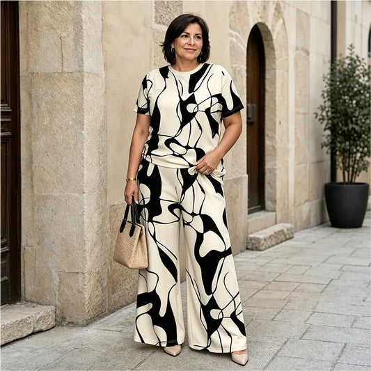 ✨【 S-5XL】 Elegancki i swobodny! Letni komplet w dużym rozmiarze z nowoczesnym, geometrycznym nadrukiem