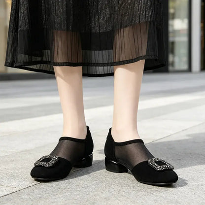 ✨【35-40】👡Eleganckie damskie buty z zamszu i przewiewnej siateczki – klamra z kryształkami, niski szeroki obcas, czarne